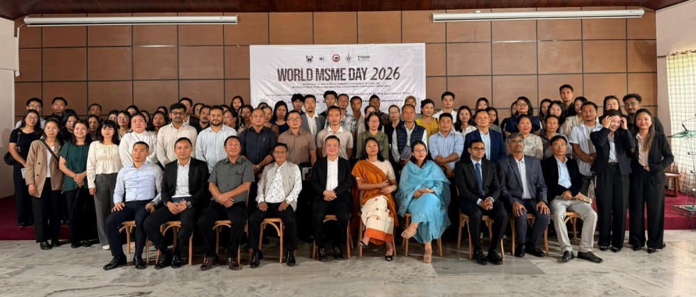 Hekani Jakhalu, Advisor, Industries & Commerce seen with others officials and entrepreneurs during the observance of World MSME Day 2026 at the Conference Hall of Industries & Commerce, Kohima on June 26.
